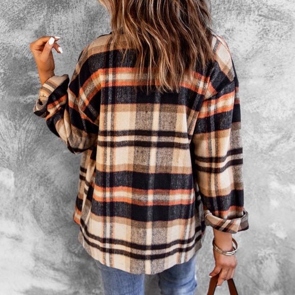 Brown and Orange Plaid Button Up Flannel Shacket - Picture 3 of 4